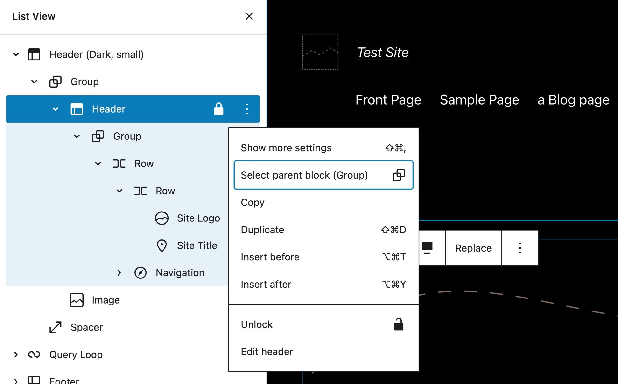 List View showing the header block additional options expanded and an unlock option to select