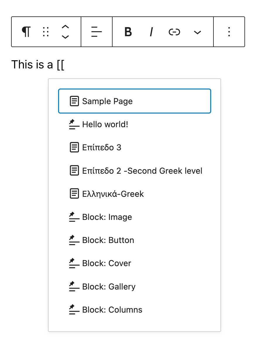 text with [[ typed to display internal link options