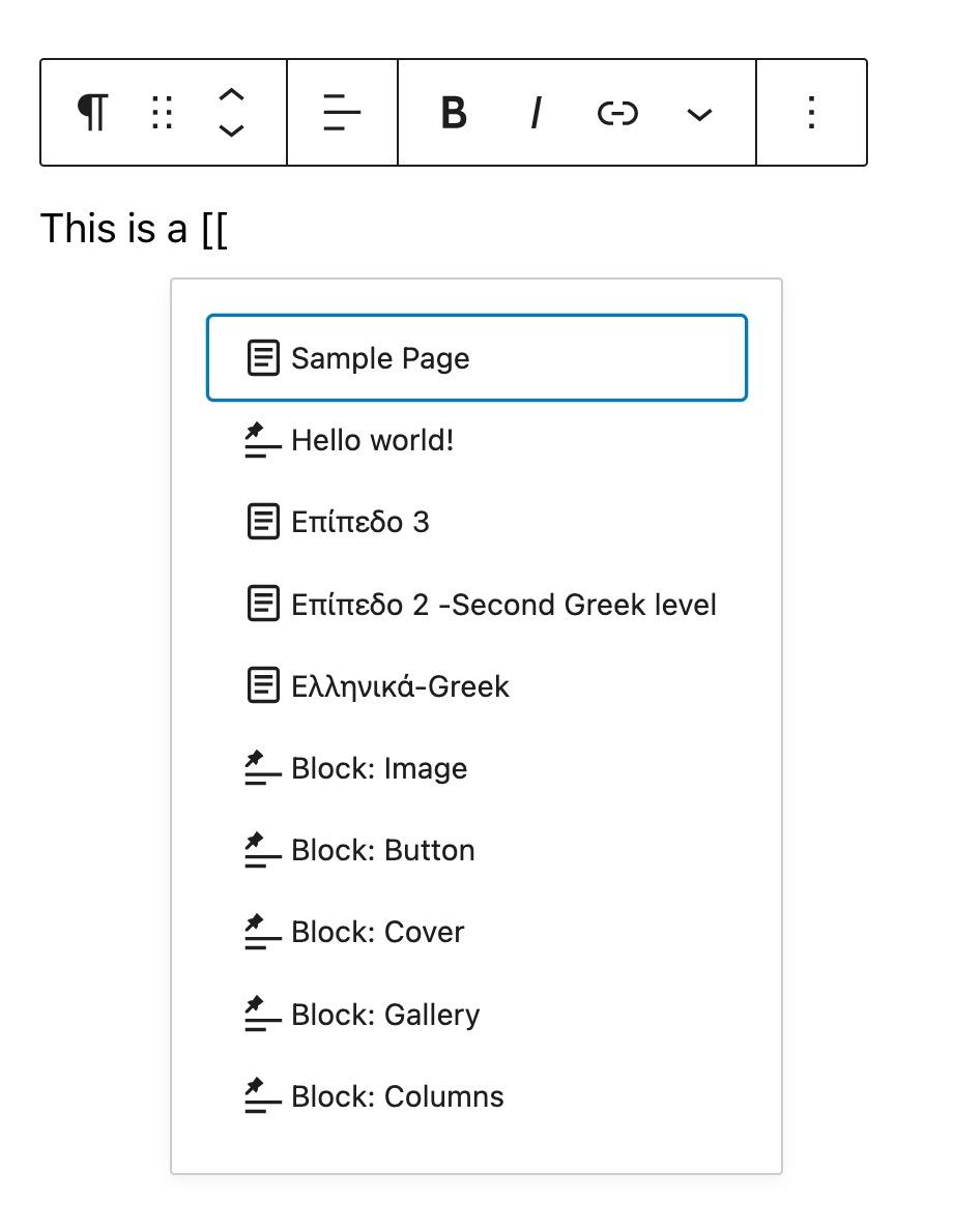 text with [[ typed to display internal link options