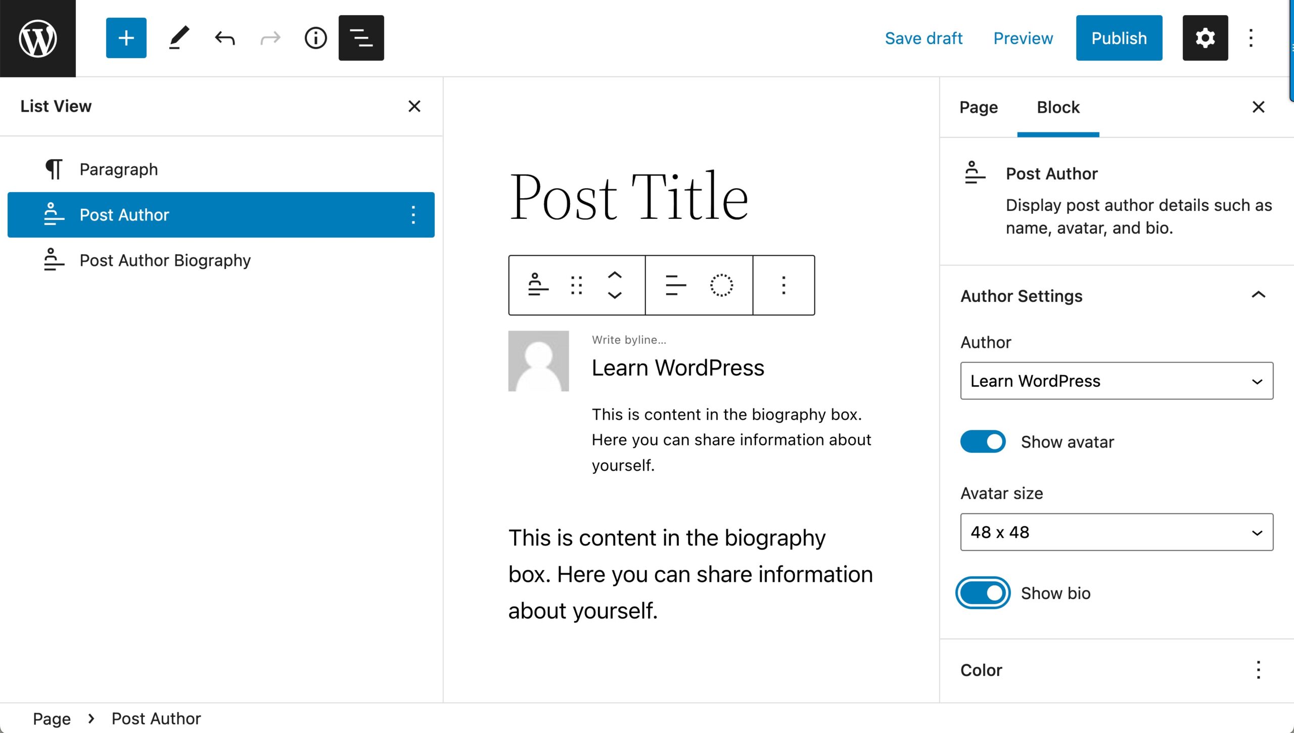 List view expanded to show the post author block and post author bio on a post. The block options displays settings such as toggling the avatar and bio box.