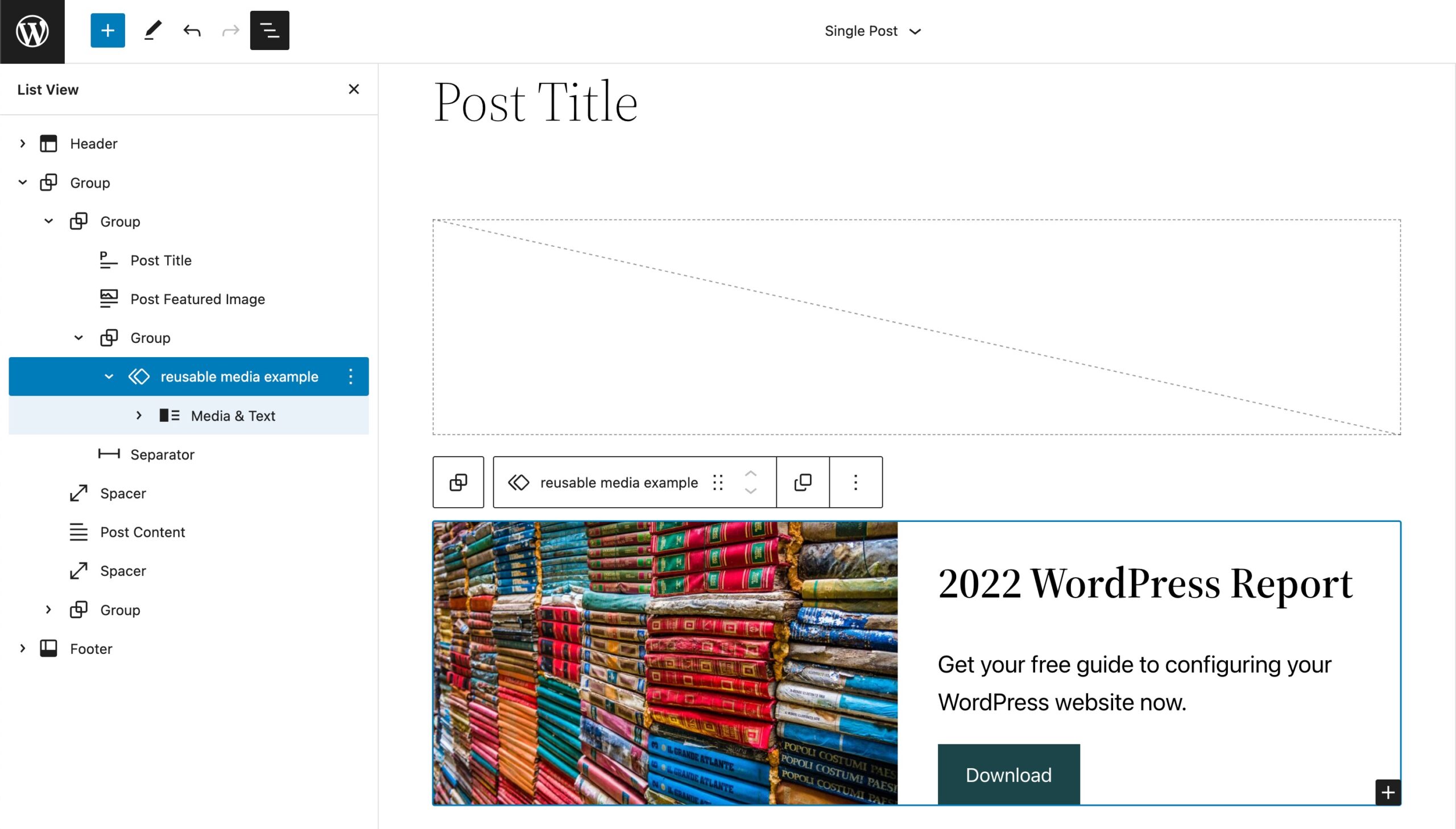 resuable block in site editor with list view expanded in WordPress 6.0