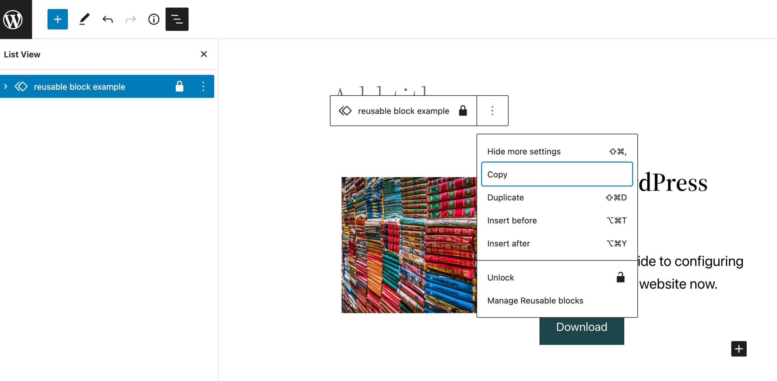 reusable block shown with the list view expanded. the reusable block is locked and does not show convert to blocks option