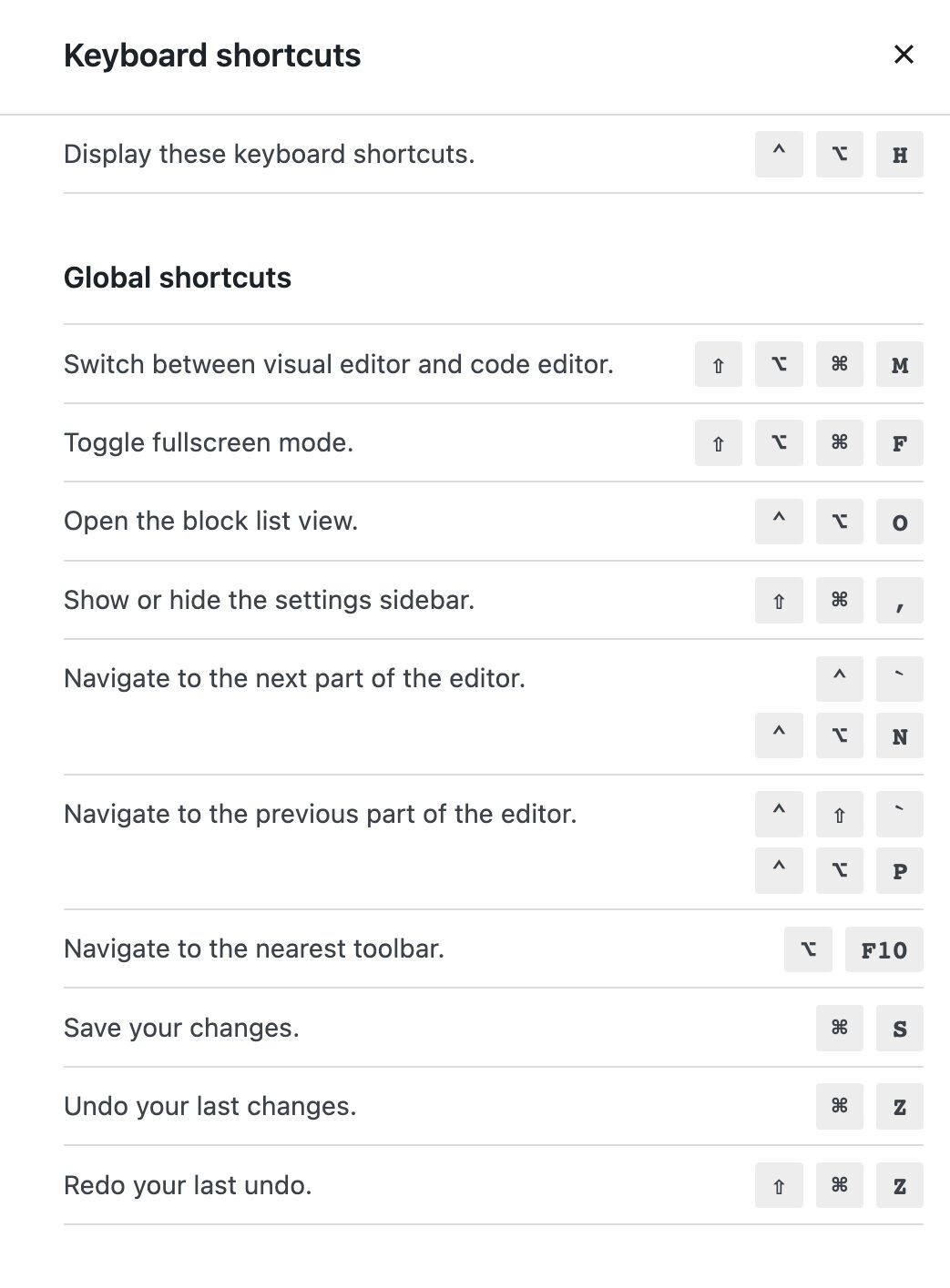 shortcuts modal