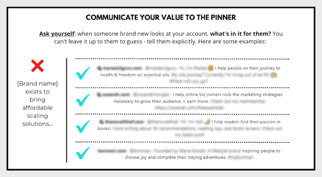 Example of how to communicate your value to the pinner