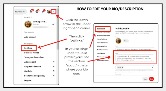Example of how to edit your bio-description on Pinterest