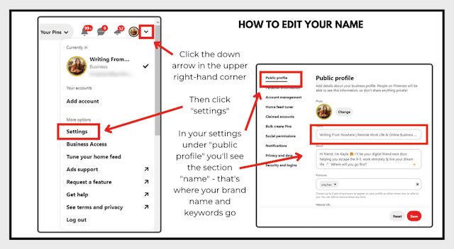 Example of how to edit your name in Pinterest