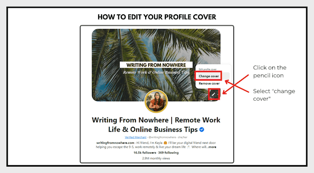 Example of how to edit your profile cover on Pinterest