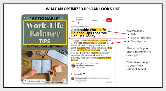 Screenshot of what an optimized upload looks like on Pinterest