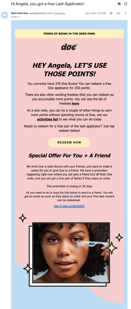 Doe Lashes customer loyalty program