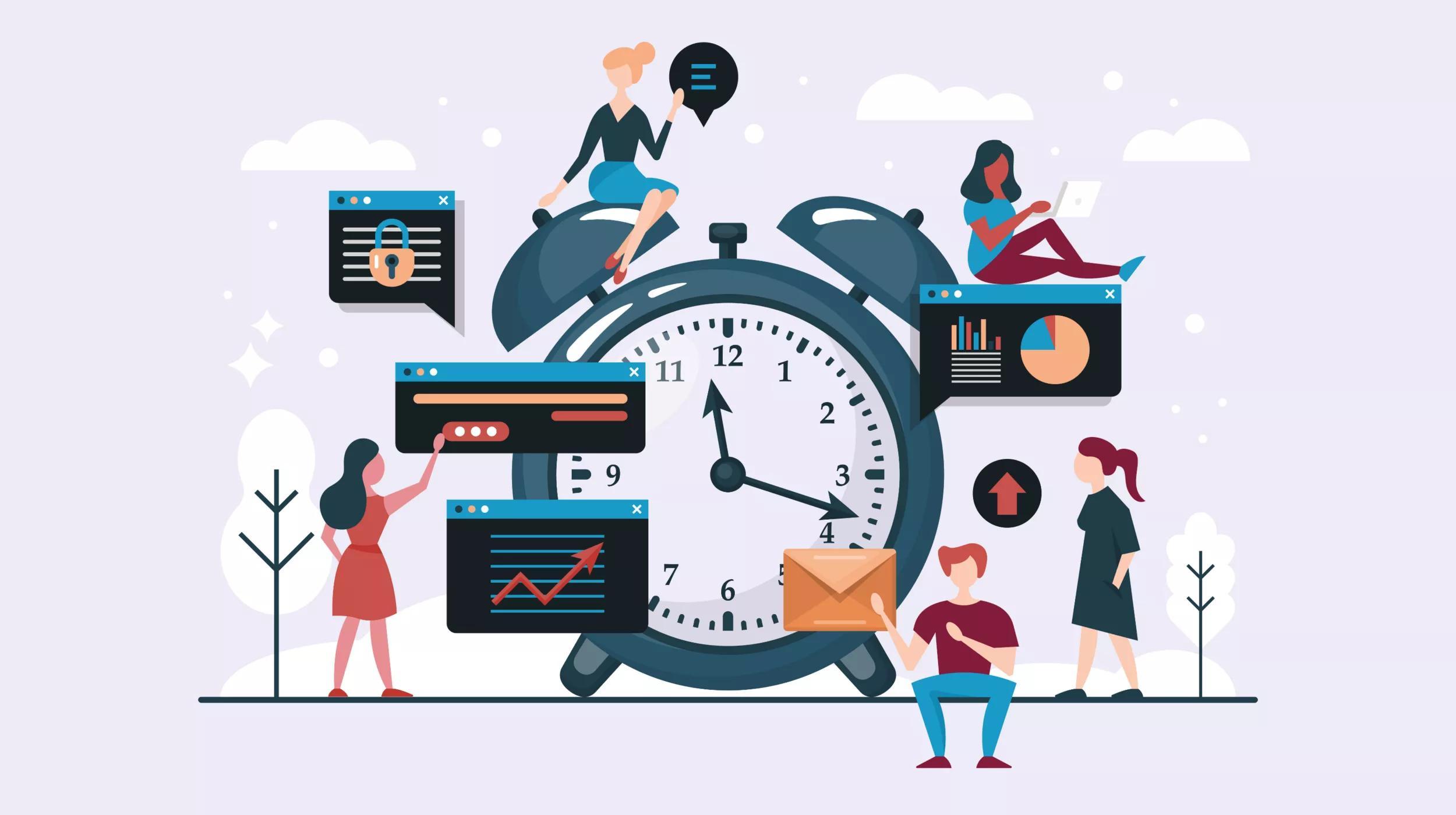 Illustration of a large alarm clock, surrounded by five stylized people engaged in various tasks. Each person interacts with different floating icons and elements representative of productivity and time management, such as charts, a security window, a chat bubble, and a package. The background includes a light purple gradient with decorative trees, clouds, and stars, suggesting a calm and organized atmosphere.