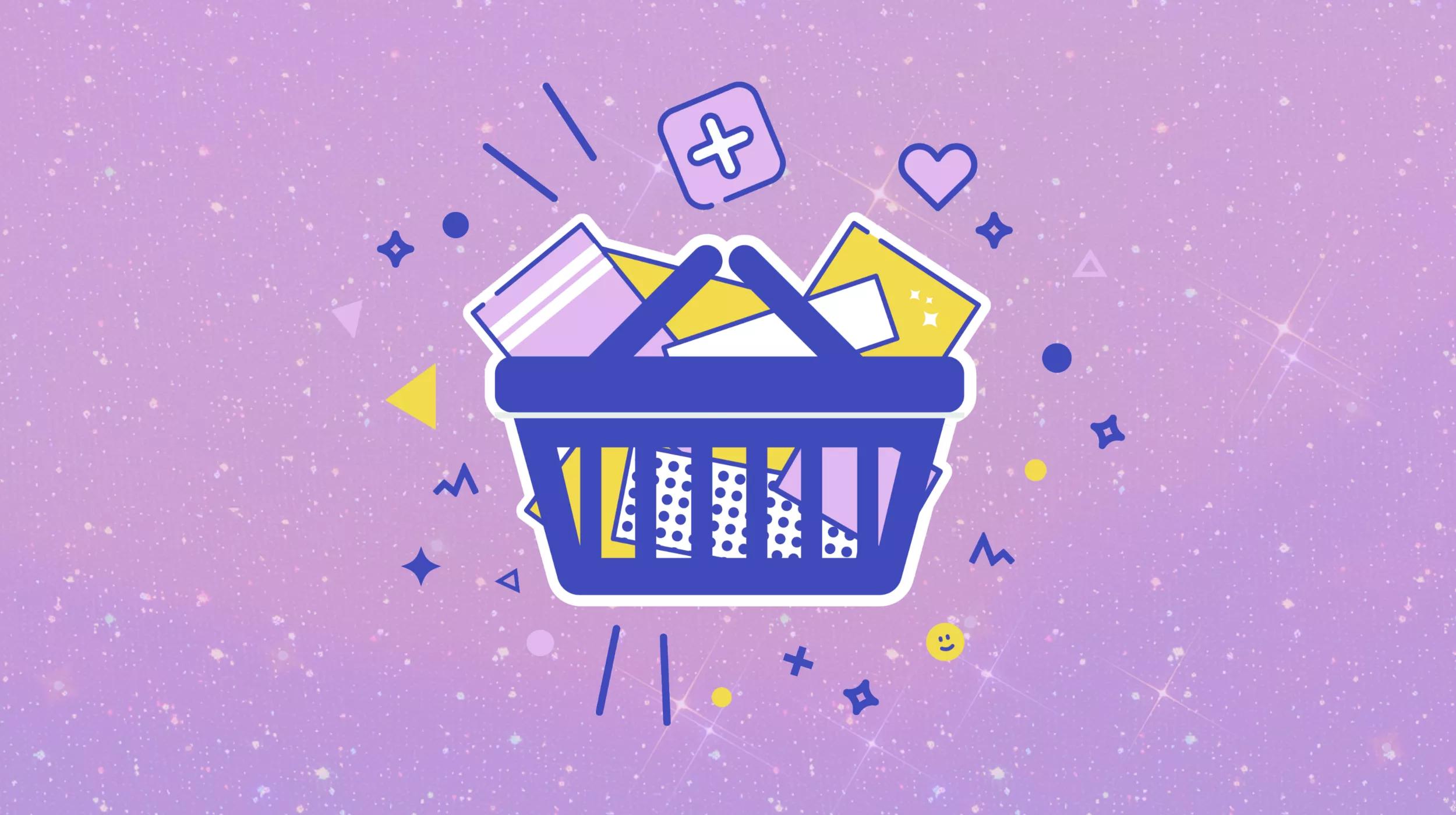 Illustration of a shopping basket filled with various gift cards against a purple background with a starry texture. The cards have different patterns in shades of purple, blue, and yellow. Surrounding the basket are whimsical elements like a plus sign, heart, and sparkles, contributing to a joyful and celebratory theme.