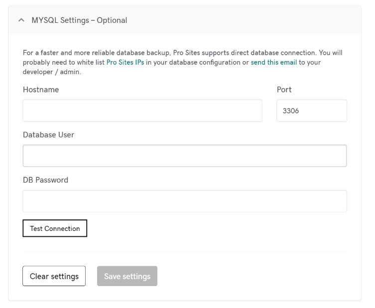 database settings for the Hub backup