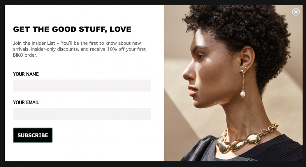 Biko jewelry discount incentive popup