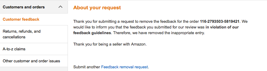 Amazon feedback removal request