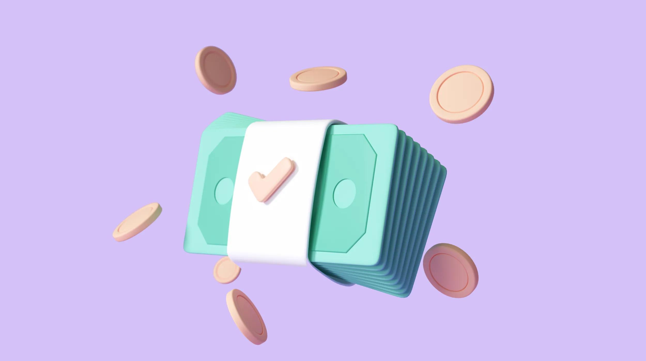 A stylelized digital illustration of a stack of teal-colored paper money with a white band around it, featuring a small heart symbol. The background is purple, and various floating coins in shades of brown and beige surround the stack.