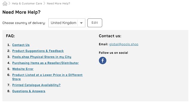 Pools customer care page