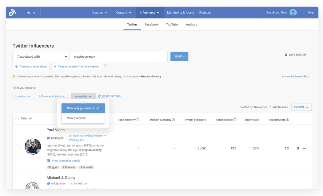 Twitter influencer search in BuzzSumo