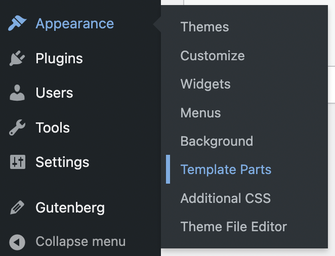 Classic theme Appearance > Template Parts