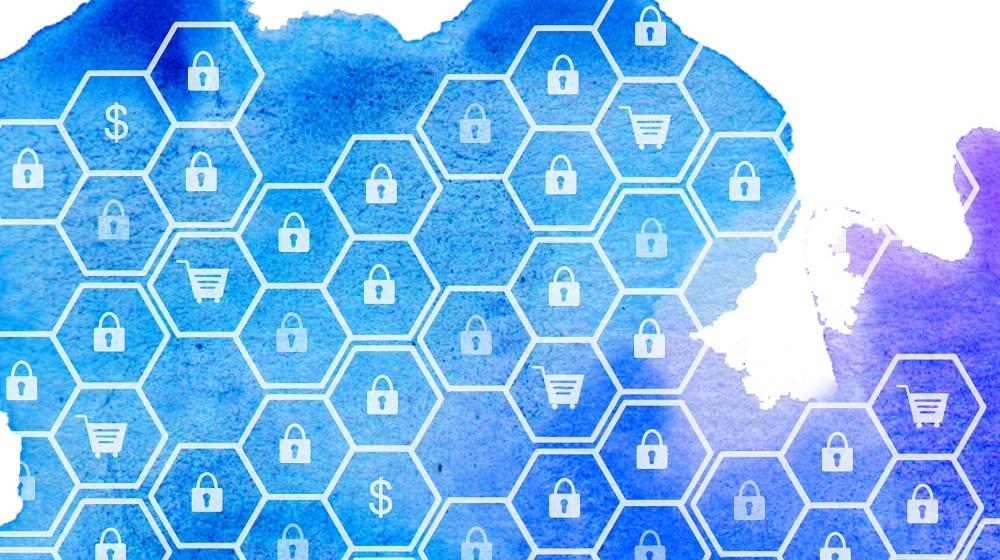 Lock icons and shopping cart icons on a blue hexagon repeating background