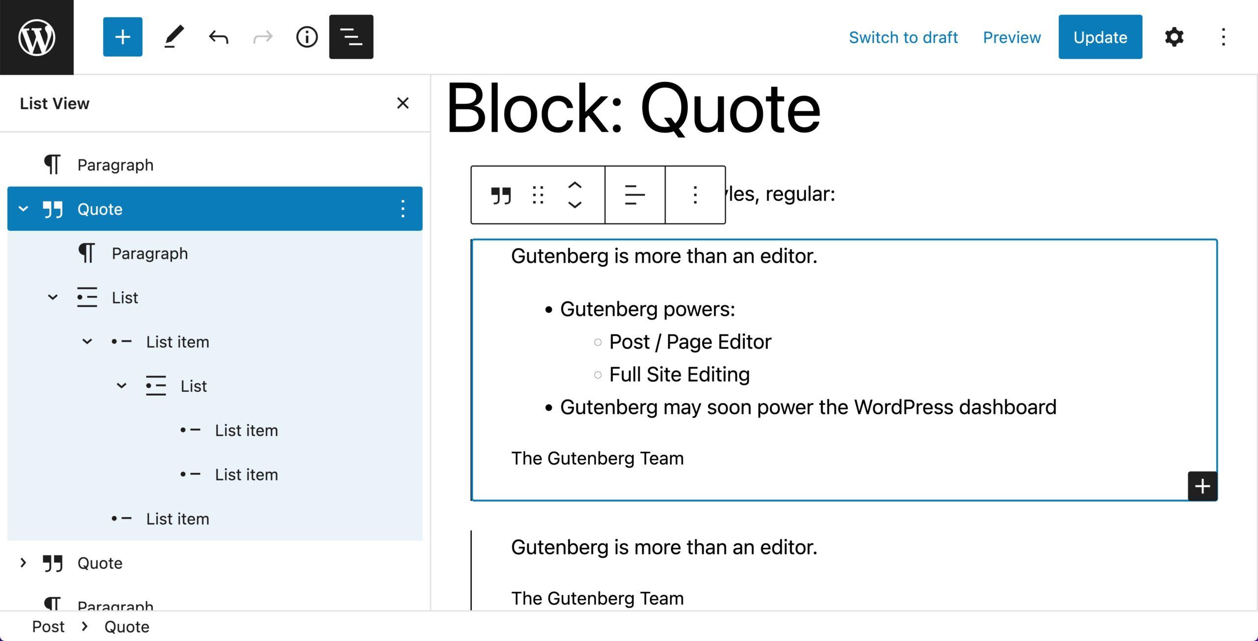 Post Editor with list view displayed showing a quote block containing a nested list