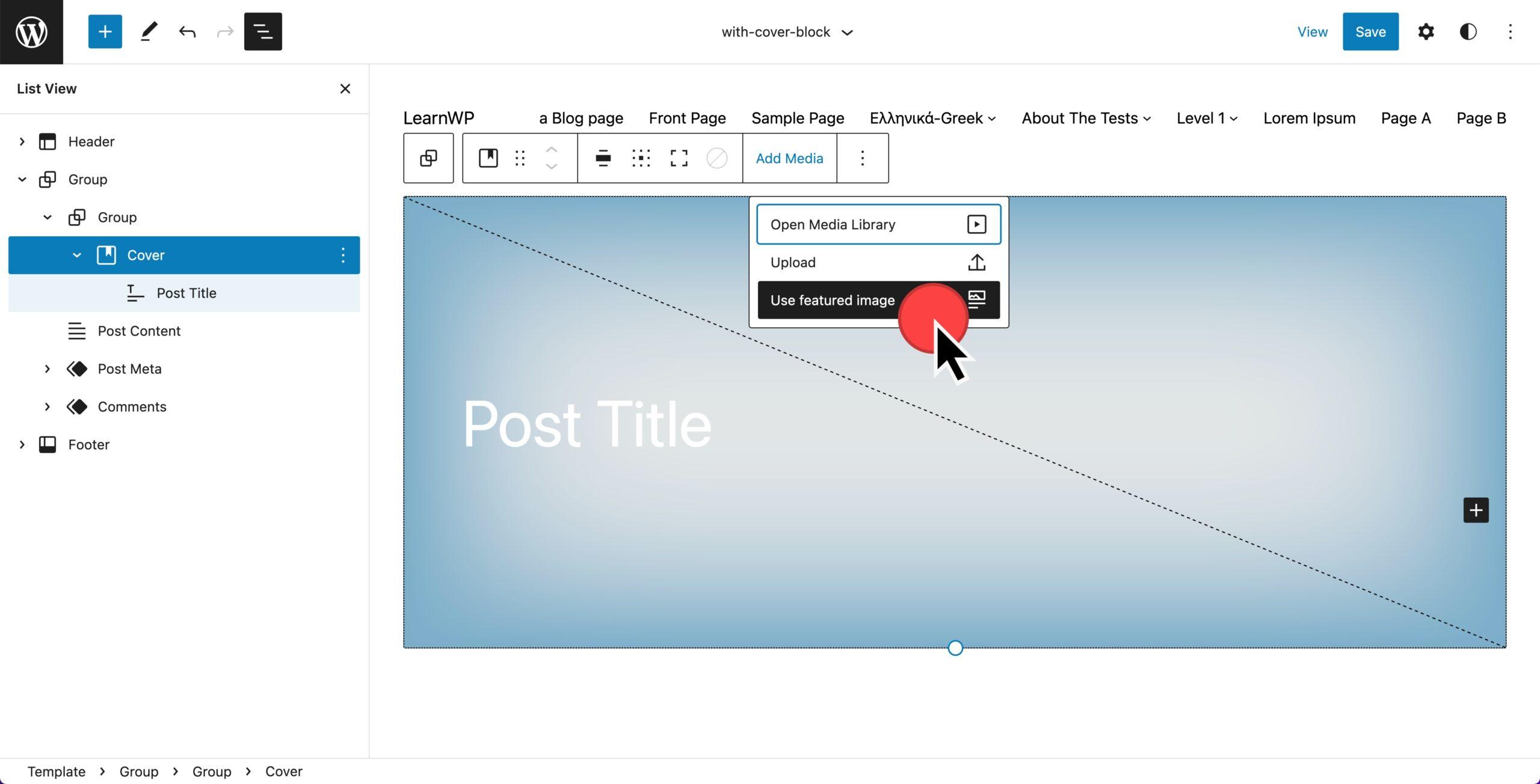 WordPress 6.1 Site Editor, Single Post Template displayed with a cover block at the top. The mouse cursor has selected add media, use featured image.