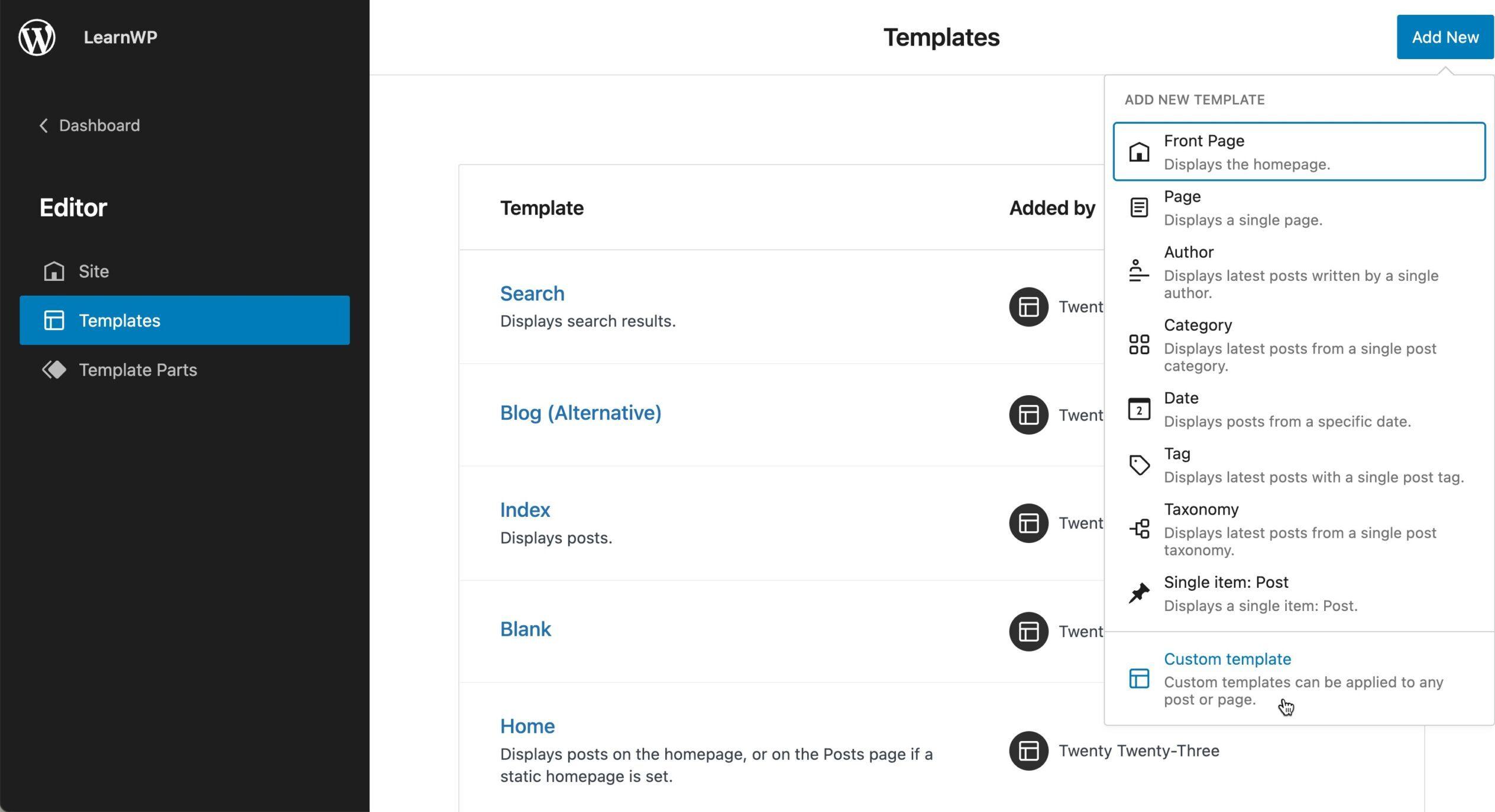 WordPress 6.1 Site editor, template, add new