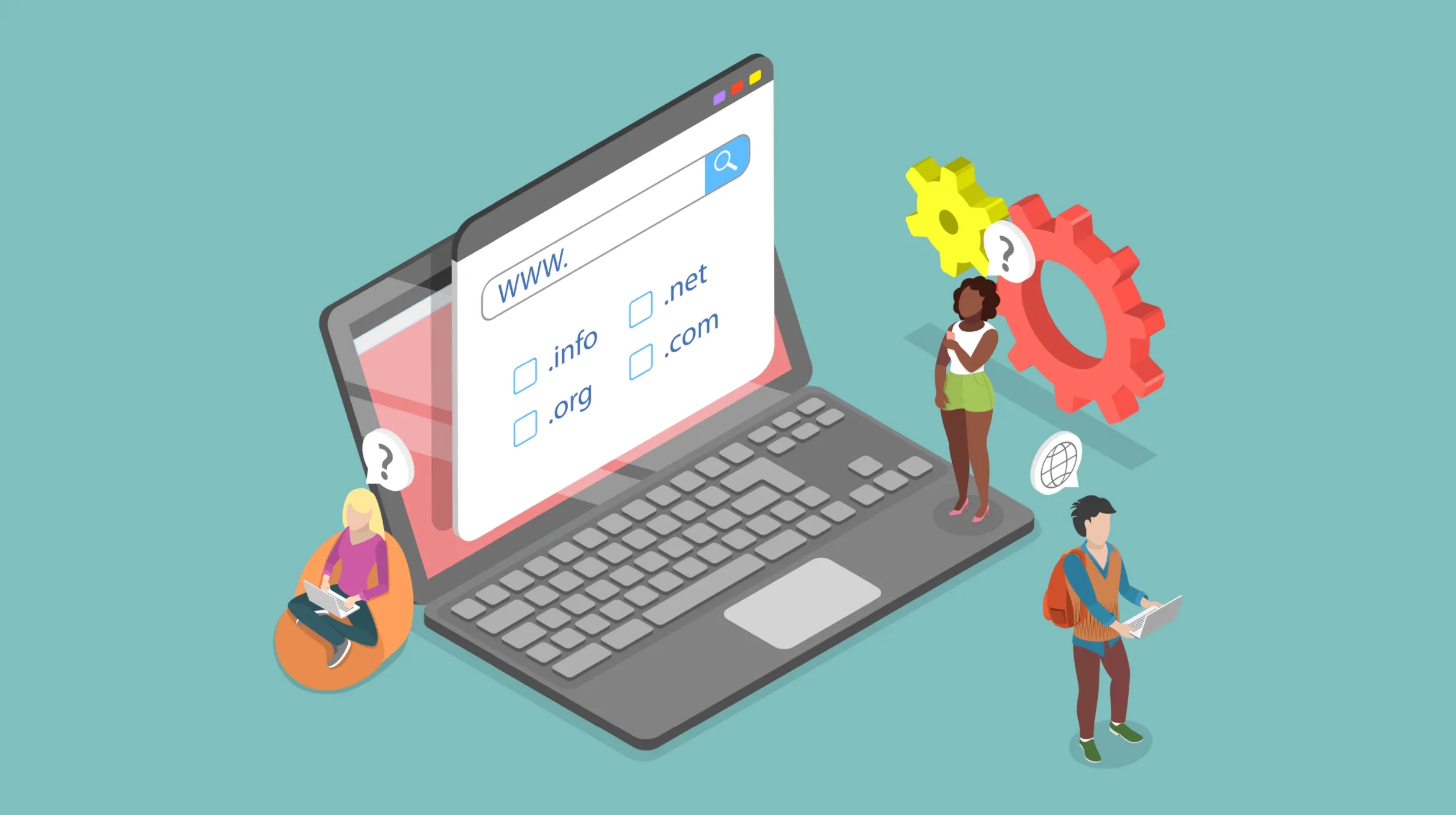 The image shows an illustration of a large laptop with a browser window displaying various domain options like .info, .net, .org, and .com. Around the laptop, three cartoon-style figures are depicted: one seated on the left with a laptop, one standing on the right holding a clipboard, and one standing behind the laptop near some large gears. This scene appears to represent website creation or domain registration