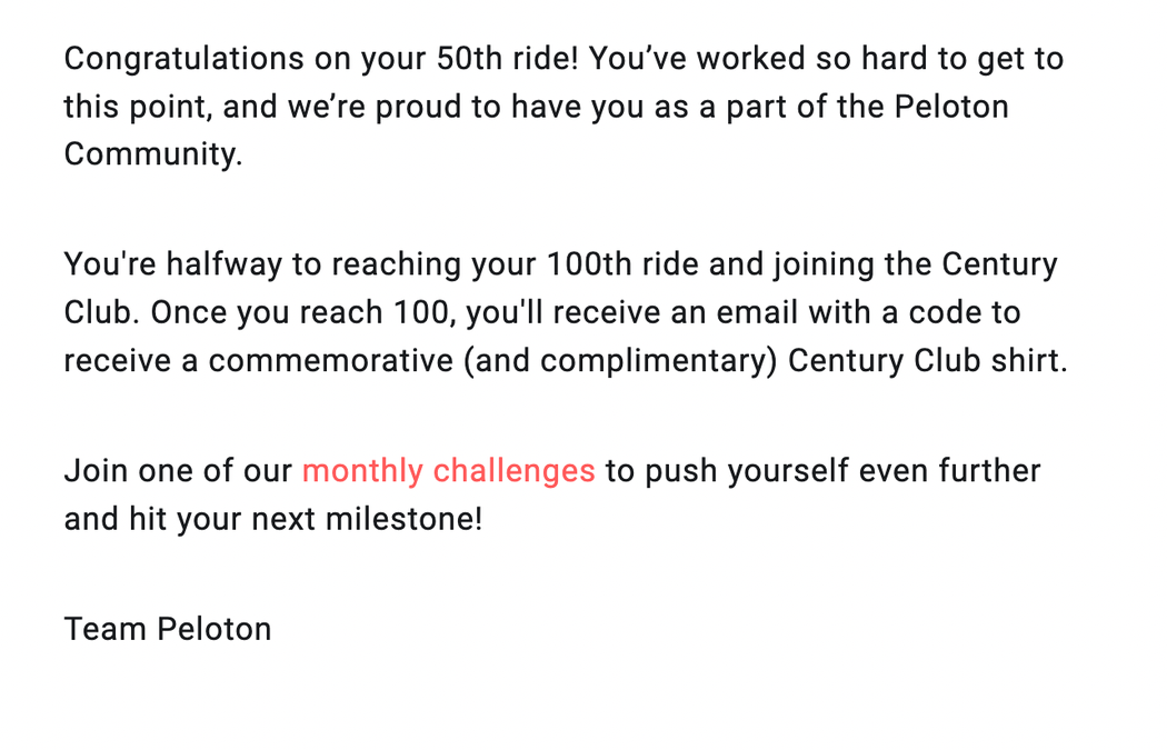 Peloton congratulations note