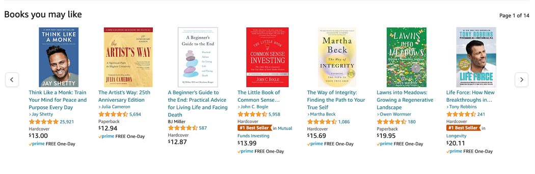 Amazon's "books you may like" section with recommended book listings