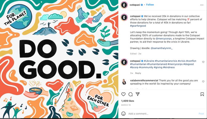 Cotopaxi's colorful Instagram post of various doodles, people, and the words &quot;Do Good&quot;