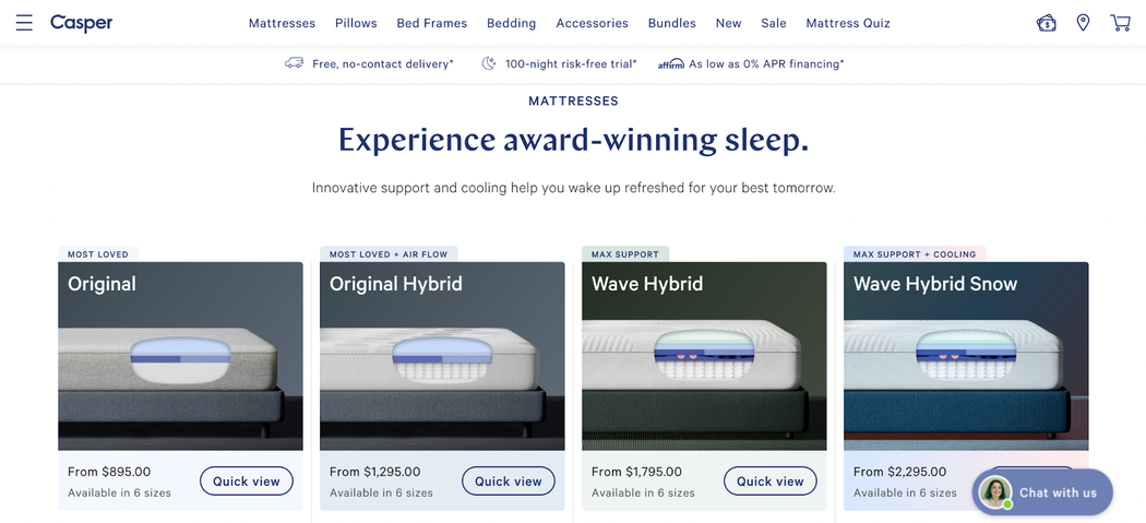 Casper's mattresses are highlighted on their ecommerce website