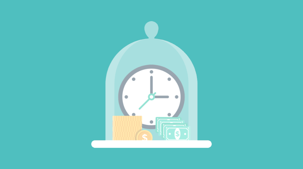 Graphic image of clock in a glass jar with cash and coin icons