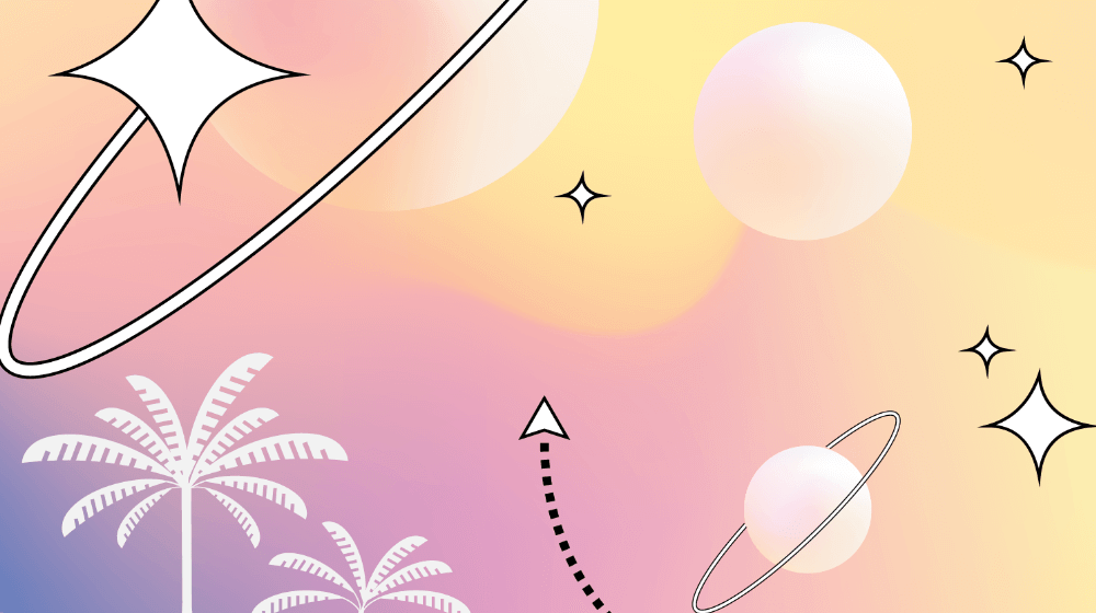 graphic with palm trees planets and stars on a gradient background