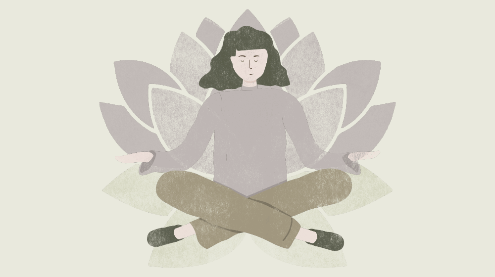 Graphic image of woman sitting zen-like in front of large lotus flower