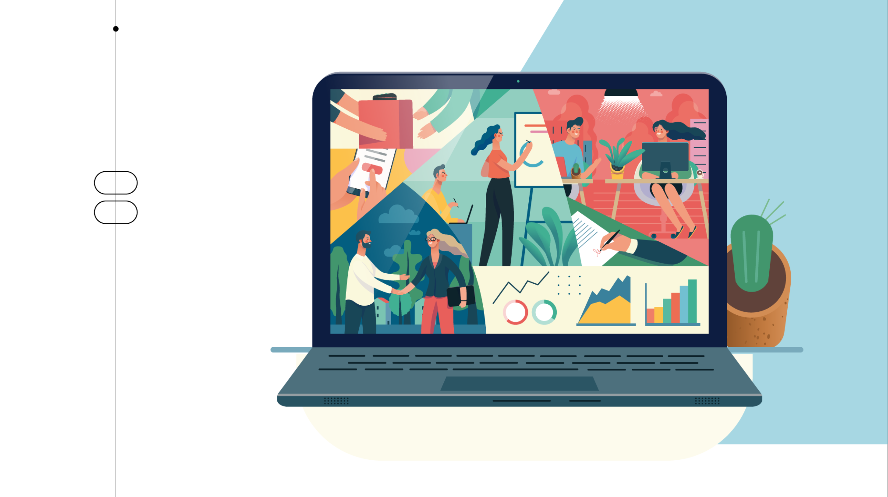Laptop open to a series of animated people interacting in work and casual situations