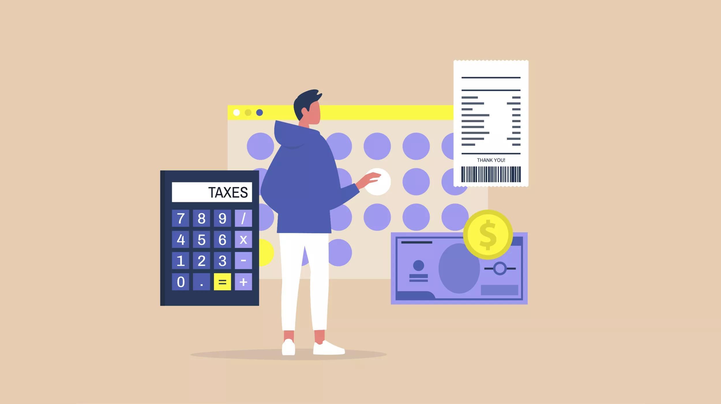 An illustration of a person standing in front of a large wall calendar with a calculator labeled "TAXES" to the left, a paper receipt with "THANK YOU" at the top on the right, and a checkbook with a coin on top in the foreground. The scene suggests the person is managing finances or preparing tax documents.