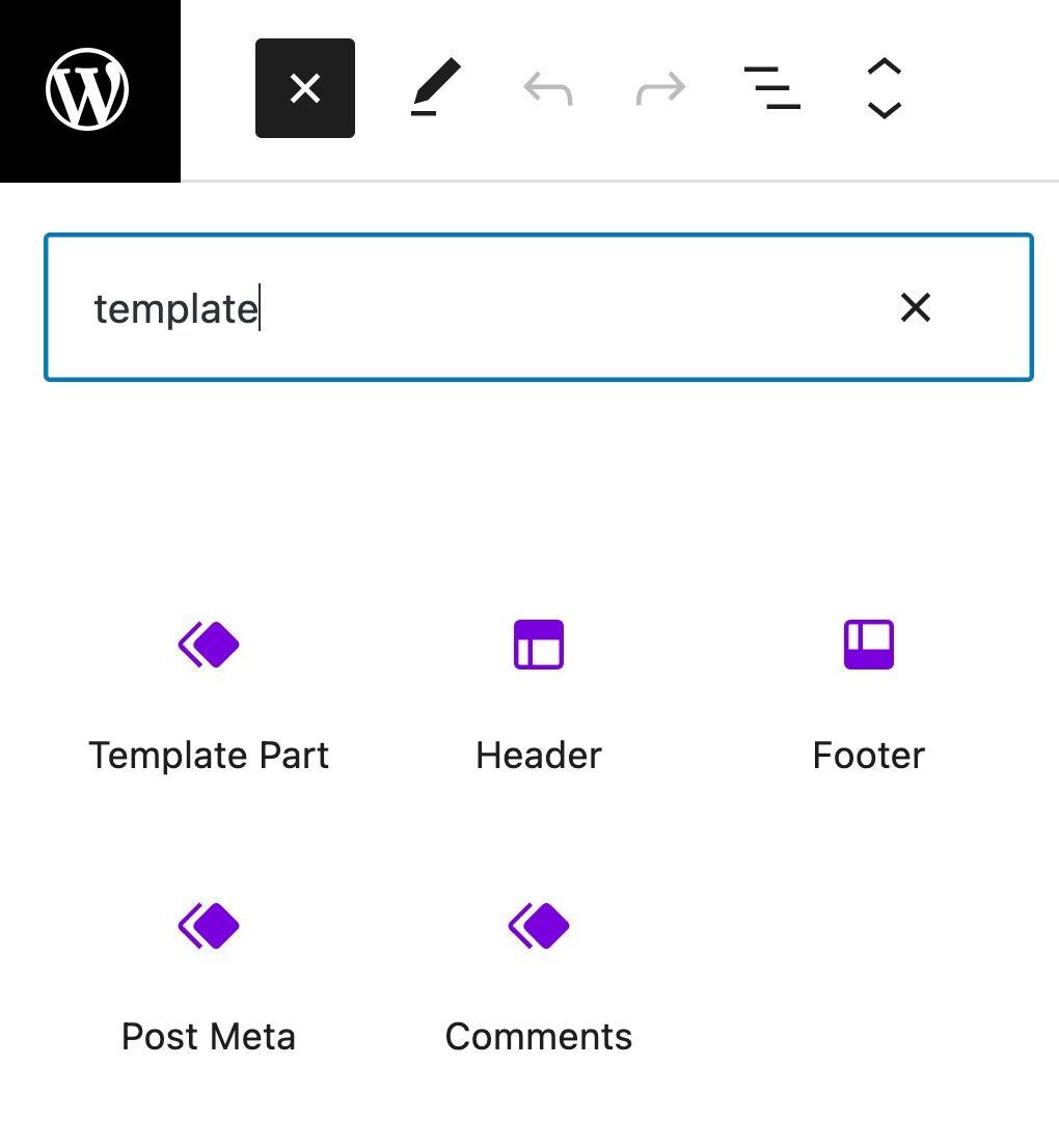 Block Inserter is selected and a search for template appears. The resulting template parts display as bright purple icons.