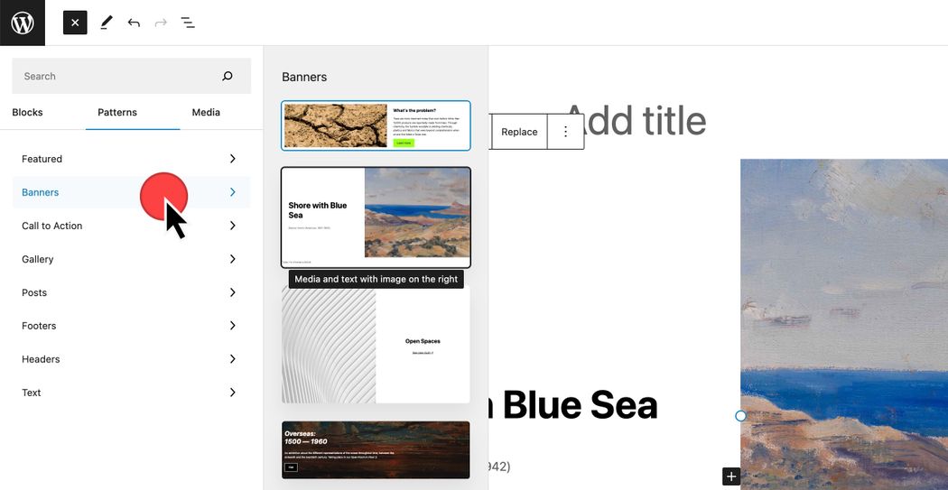 From the Post Editor, Block Inserter, Patterns, select and preview pattern