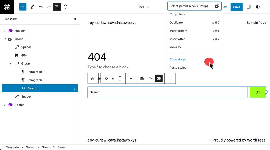 A block has been selected. From the Block Toolbar, the kebab menu was selected to display addition options. From here, the Copy and Paste Styles is displayed