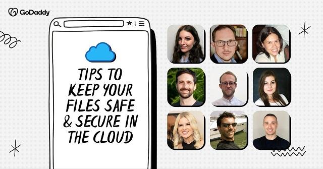 Collage of professionals featured in this post next to words that read "Tips to keep your files safe & secure in the cloud"