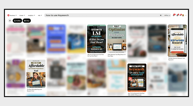 Pinterest search results with example posts highlighted