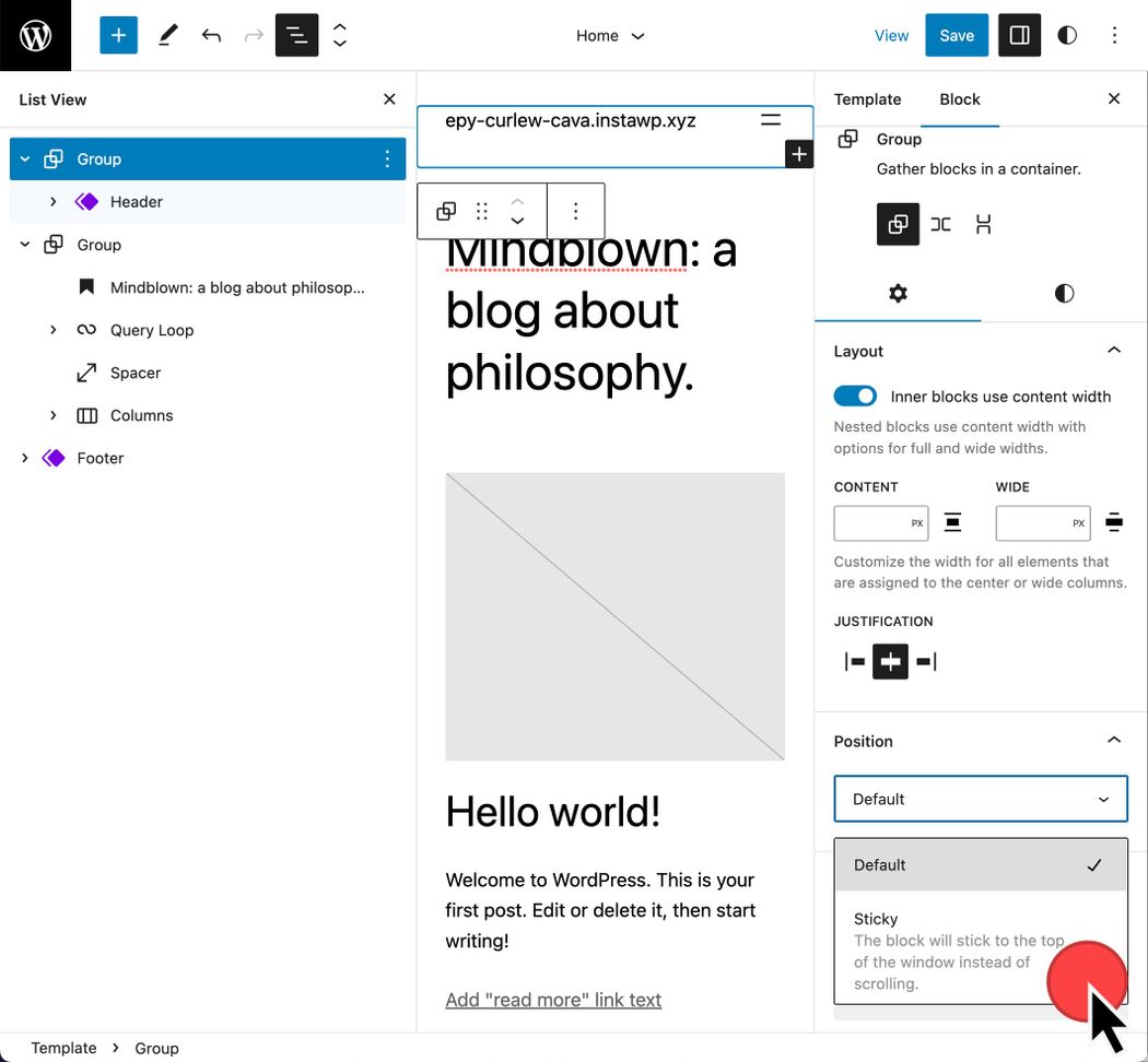 List view is expanded at left to show a group block containing a header template part. On the right, block settings, advanced reveal a position menu toggle. A cursor hovers over the sticky drop down option.