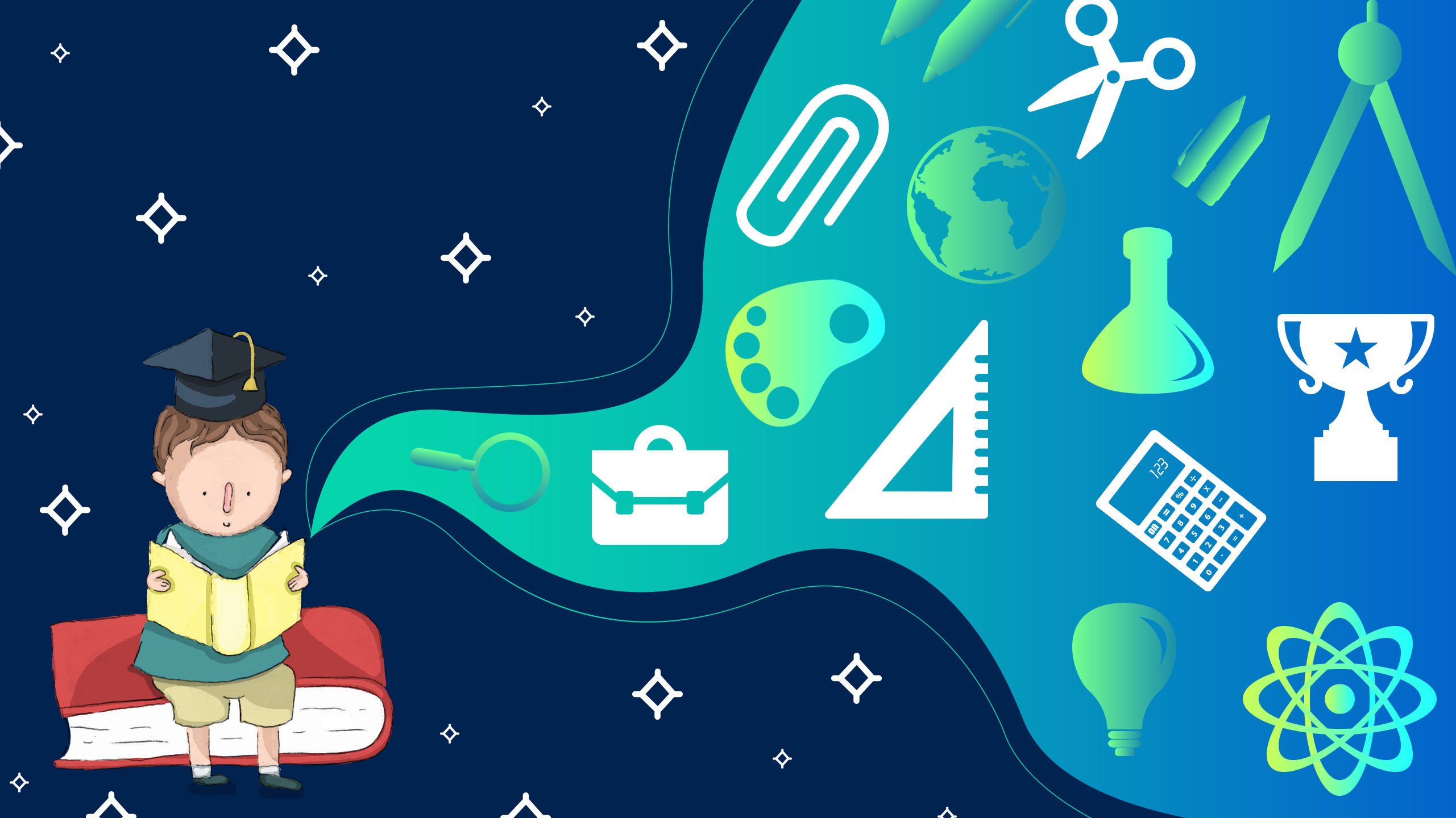 Graphic of small boy in a grad cap reading a book with math, science, and art symbols floating nearby
