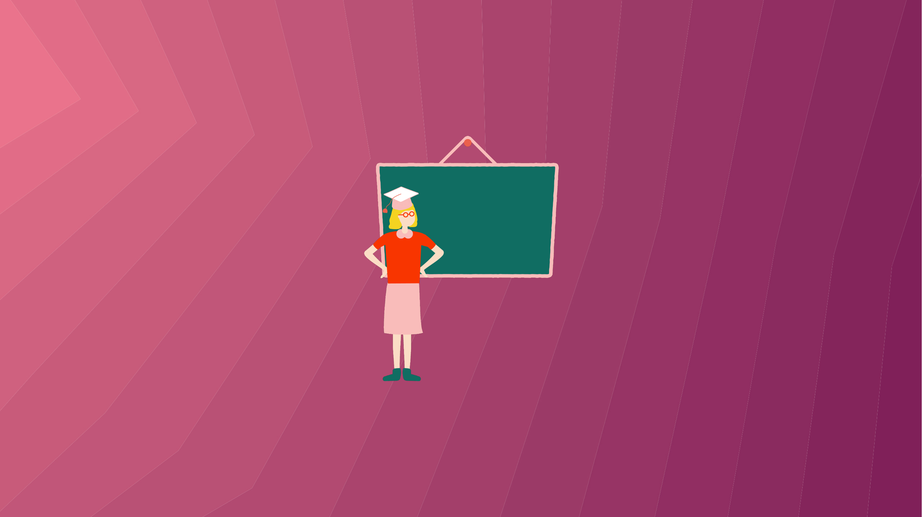 Illustrated teacher standing in front of blank chalkboard