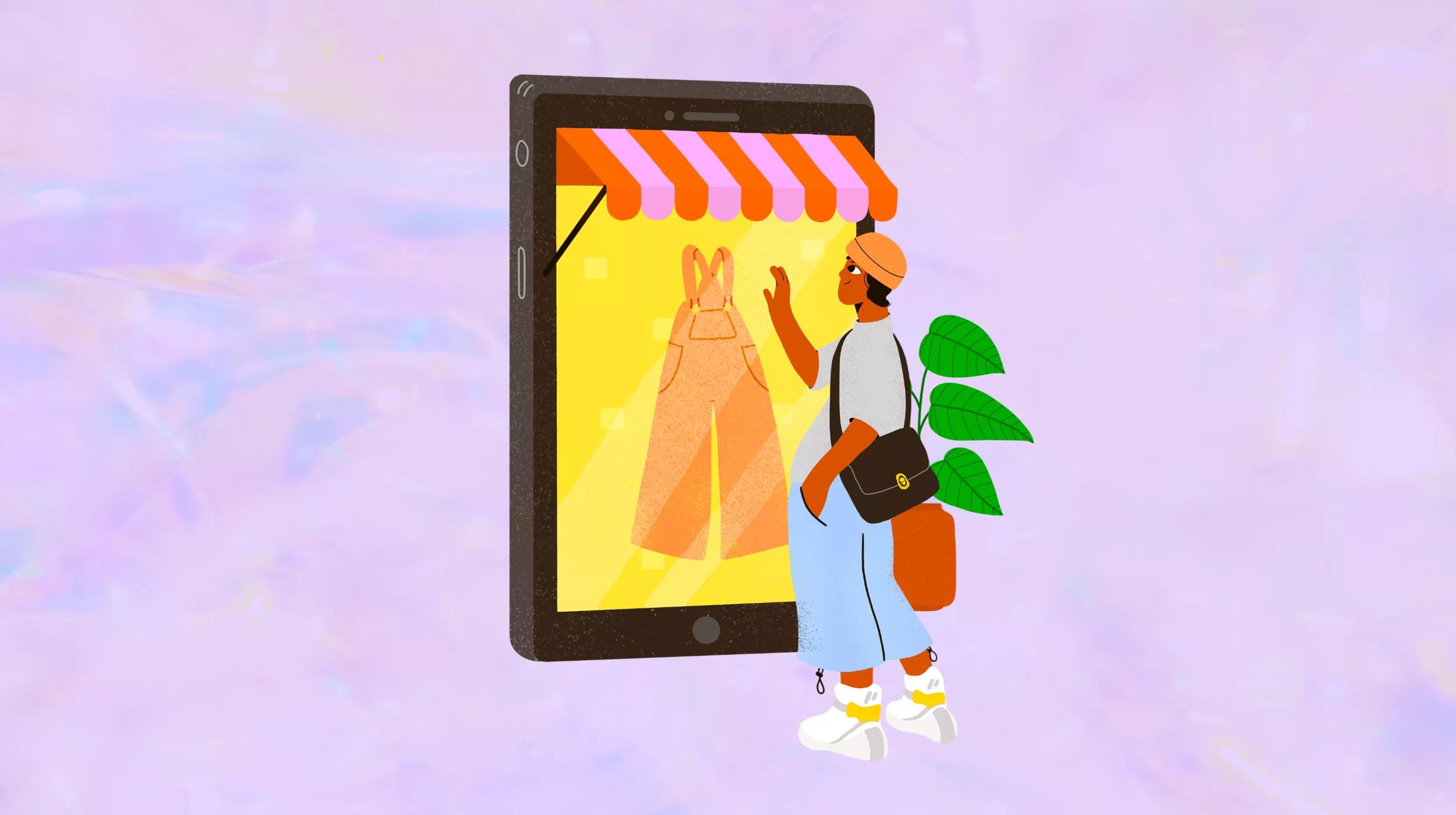 An illustration of a person shopping online on a large tablet. The screen displays an image of a dress with a striped awning, resembling a shop facade. The shopper, wearing a cap, grey shirt, blue pants, and white sneakers, carries a shoulder bag and appears to be touching the screen, possibly making a selection. There's a potted plant with green leaves to the right, suggesting a comfortable, casual shopping environment.