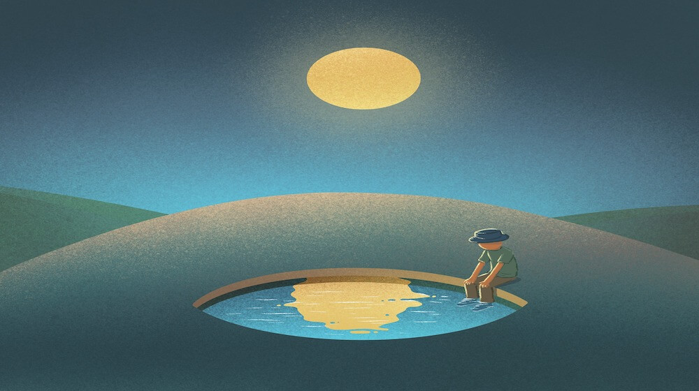 Graphic of man looking at reflection in pond under moonlight