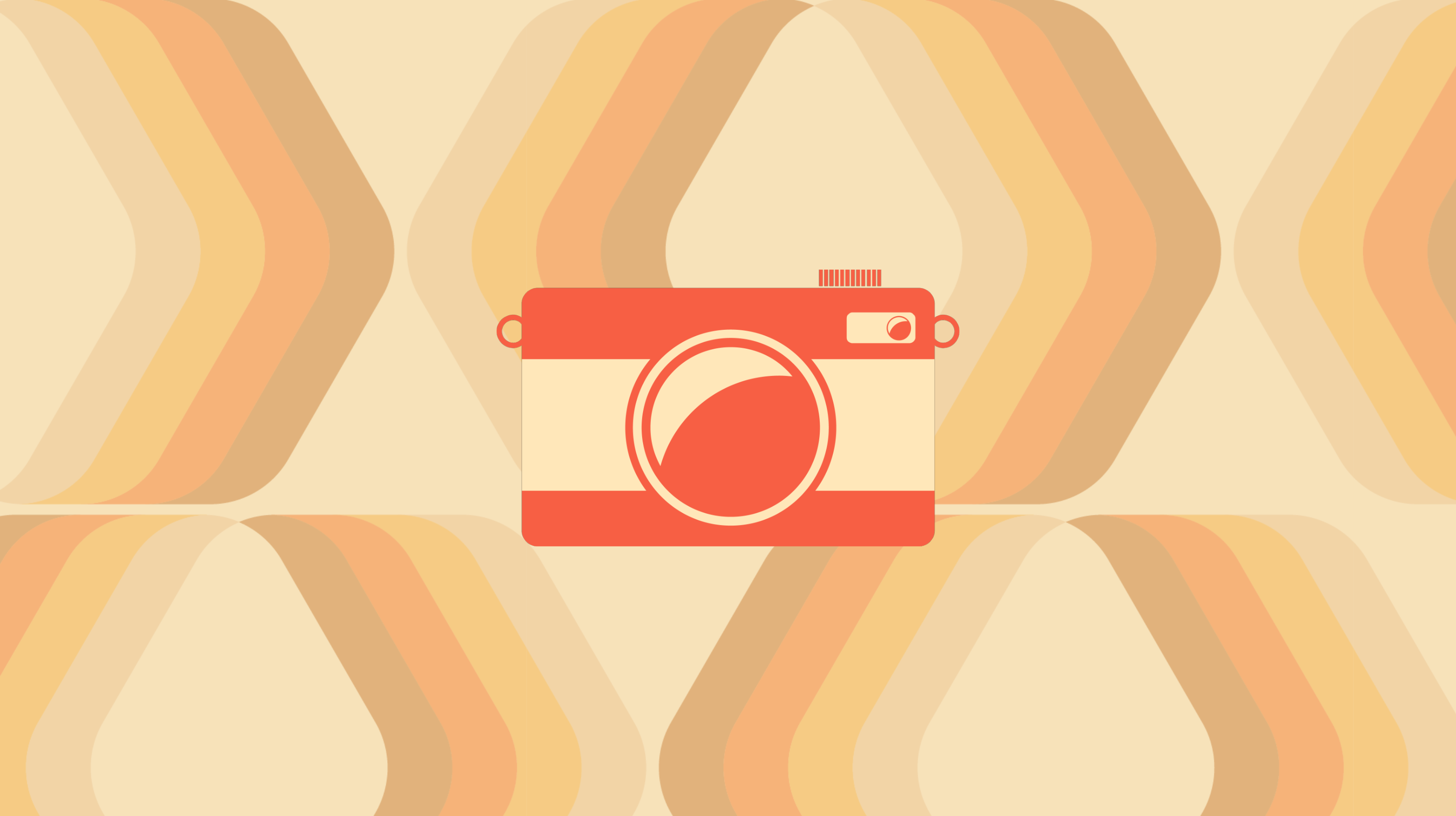 Graphic of camera on orange and yellow patterned backgrouhnd