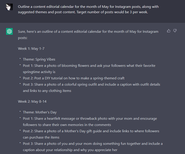 ChatGPT responses to the prompt requesting an editorial calendar for the month of May.