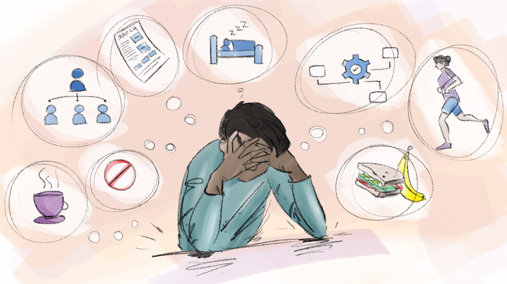 Cartoon sketch of man holding his head in his hands with various thought bubbles