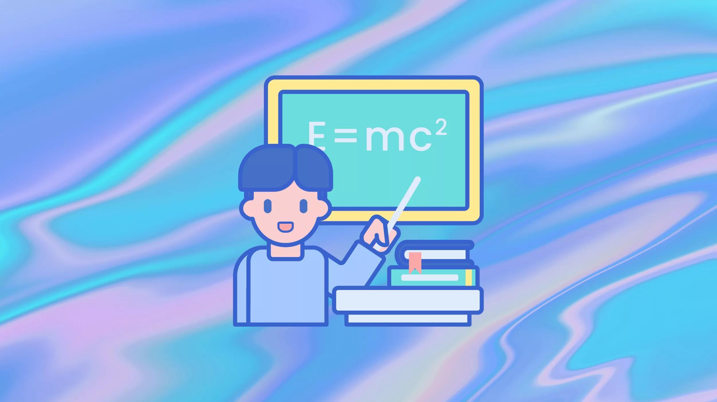 An illustration of a person with a pointer in hand teaching a physics concept, with the famous equation "E=mc²" on a board behind them. They are standing next to a stack of books on a desk, set against a swirling blue and purple abstract background.